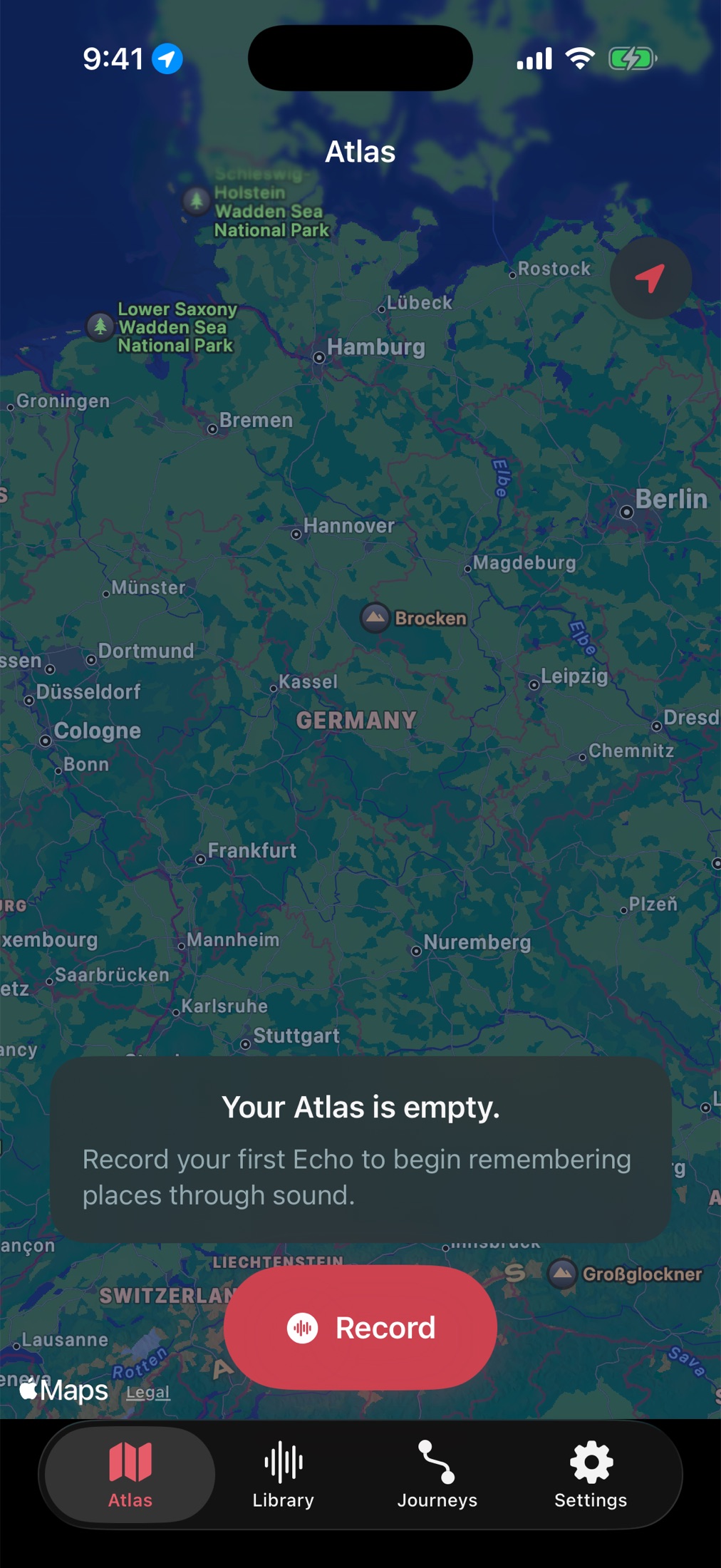EchoAtlas Atlas screen showing the map and Record button